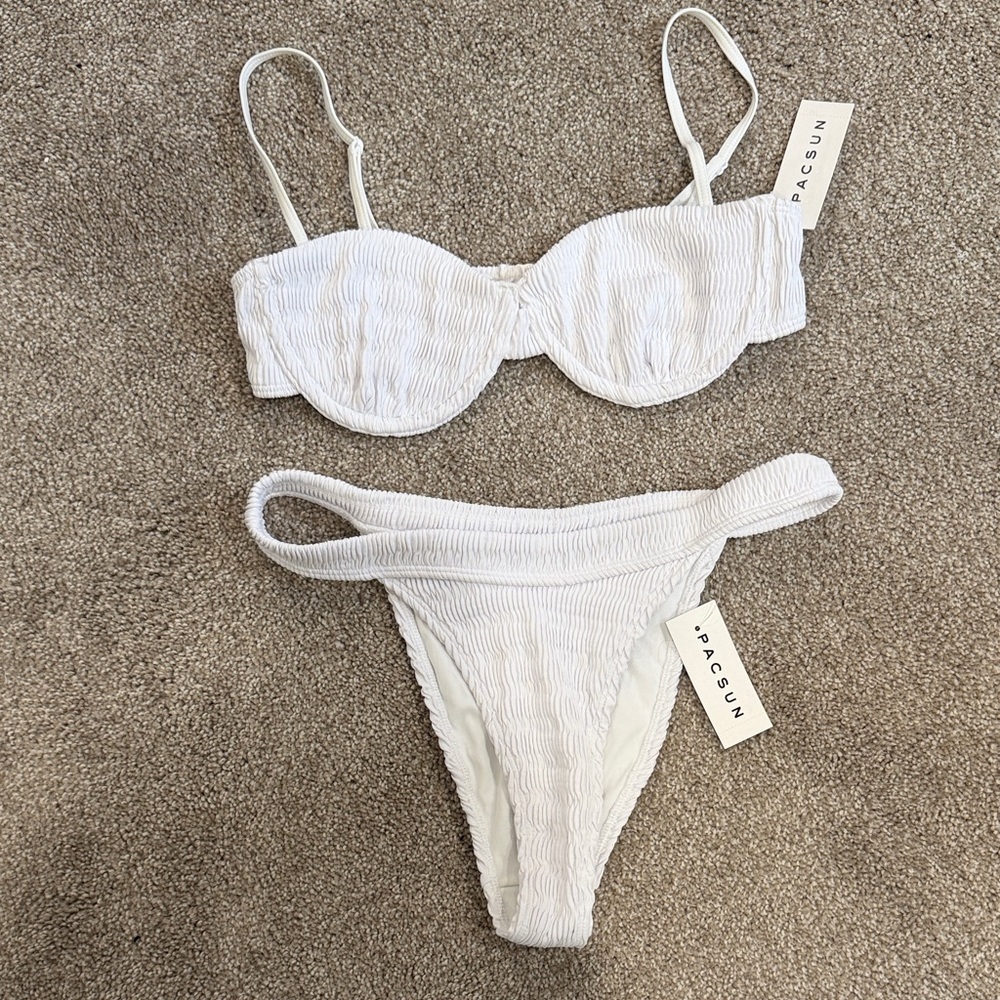 PacSun White Textured Bandeau-Style Bikini Set with Straps